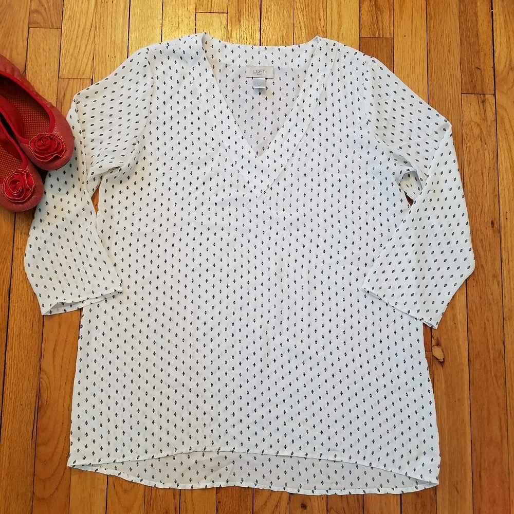 LOFT Sheer White top with black diamond design